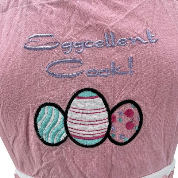 Adult Teen Apron Easter Eggcellent Cook Pink White Stripe EUC - Picture 7 of 11